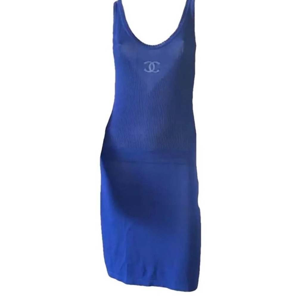 Chanel Vintage Blue Ribbed Knit CC Logo Lion Button Dress US 6/8 EU42 Luxury - Picture 2 of 16